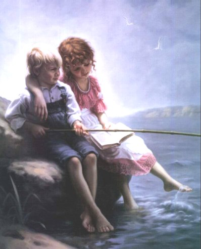 Boy and Girl fishing by the sea