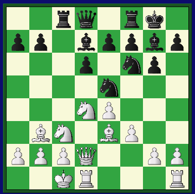    The position immediately following the move, (11.)  ...Ne5. Theory says Black's position is questionable ... but I have done OK with it!  (my-bg7_pos1.bmp, 434 KB)    