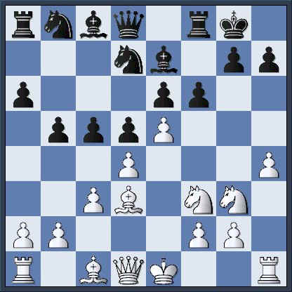   The actual position of the game after Black's tenth move,  10...f6.   (Did you like this game? Then click on the diagram and go a web page devoted completely to chess miniatures!)   