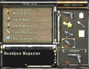 The item selection menu.  Jill Valentine has 2 more slots than Chris Redfield