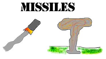 Low-quality drawing of a standard missile and a nuclear missile detonation