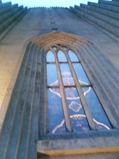 A close up of the great church of Reykjavik, in the Midnight Sun