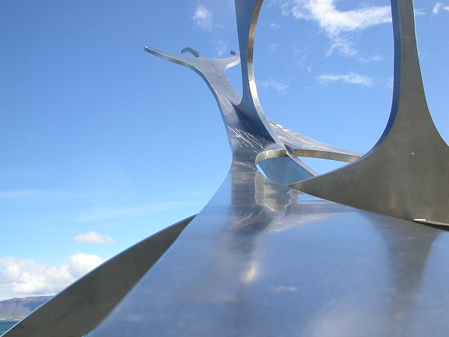 Situated on the waterfront in Reykjavik this metallic sculpture 