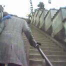 A woman climbs the steep but lucky staircase to Hiwasa's Yakuoji Temple