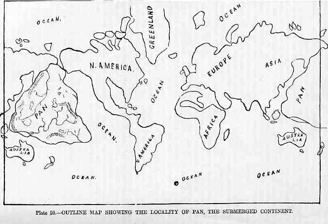 Outline map showing the locality in the Pacific Ocean of Pan, the submerged continent