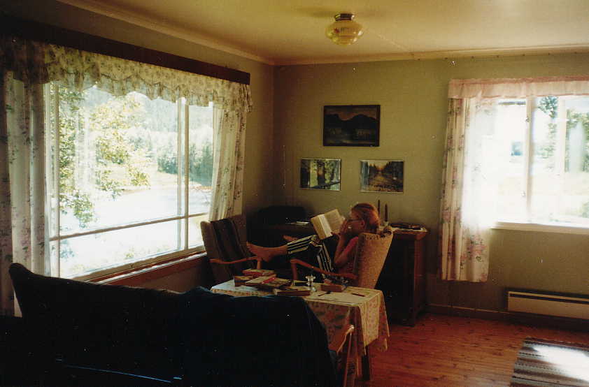 Olohuone - Vahvat ja vanhat kangas sohvat ja hyv��n istumiseen tarvittavat nojatuolit. Kuvassa on er�s entinen hoitaja viett�m�ss� aikaansa