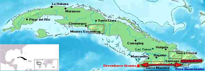 Mapa ubicaciones Sierra Maestra y Base de Guantanamo en Cuba