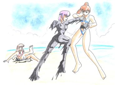 Ayane fights Kasumi covered in tar and Hitomi falls in.