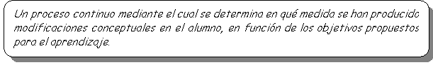 Rect�ngulo redondeado: Un proceso continuo mediante el cual se determina en qu� medida se han producido modificaciones conceptuales en el alumno, en funci�n de los objetivos propuestos para el aprendizaje.