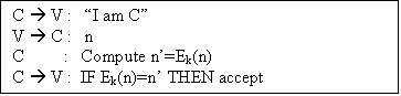 Text Box: C � V :   �I am C�
V � C :   n
C         :   Compute n�=Ek(n)
C � V :  IF Ek(n)=n� THEN accept

