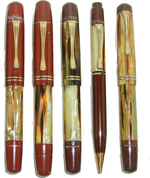 100Ns in tortoise, left to right 100N tortoise and red hard rubber, uncommon 100N Magnum (oversize), 101N pen and pencil in celluloid, short captop late 101N. From the collection of Rick Propas. Photography by Rick Propas