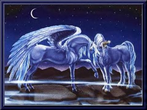 Ein fliegendes Pferd, welches mit einem gehornten Pferd flirtet (Pegasus Eltern??)