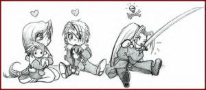 Die Ursachen fr Sephiroths Gewalt liegen schon in der Kindheit... Tifa mit einer Cloud-Puppe, Squall mit einer Rinoa-Puppe und Sephiroth mit einer Murasame ...