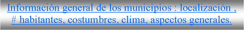 Cuadro de texto: Informaci�n general de los municipios : localizaci�n ,# habitantes, costumbres, clima, aspectos generales.