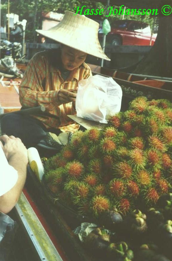 Ove k�per rambutan av en dam i b�t p� den flytande marknaden - Foto: Hasse Johansson