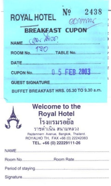 Frukostkupong & visitkort fr�n Royal Hotel