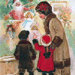 mother and children looking at window