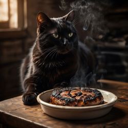 cat with steak on dish