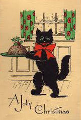 vintage drawing of black cat at christmas