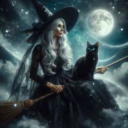 witch and cat on broom