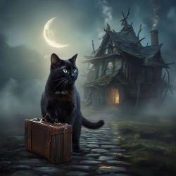 black cat with suitcase