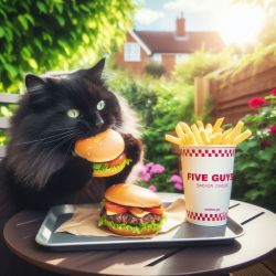 cat with Five Guys burgers