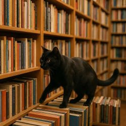 cat looking through books