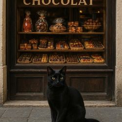 cat in front of chocolate store