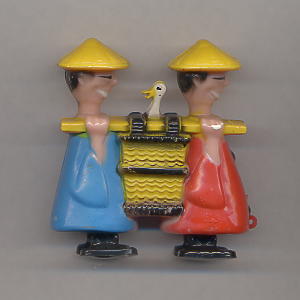Chinese men with duck in a basket