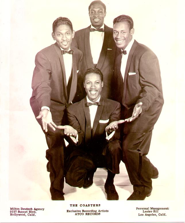 Promotional photo of the original Coasters in 1956: Bobby Nunn (top), Carl Gardner and Billy Guy, and (bottom: Leon Hughes.