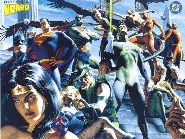 The original DC JLA ( featuring the charter members and  Black Canary, Green Arrow, The Atom, Tornado, Hawkman, Elongated Man, Zatanna, and Hawkgirl.