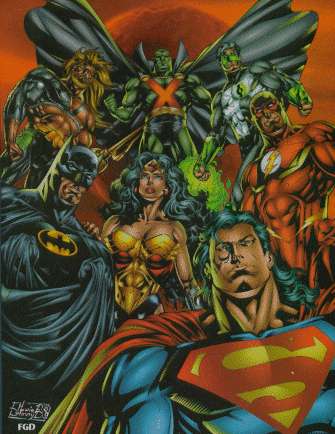 The charter members of JLA: Batman, Superman, Wonder Woman, Green Lantern, Flash, The Martian Manhunter and Aquaman.