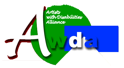 AWDA logo, with letters A (large, italic, upper case, in white that merges into white page background, with ared shadow, over green circle), w (lower case in green with shadow over a large, green circle with Artists with Disabilities Alliance in white italic text at circle top), d (in white lower case, with shadow, over wwwhite triangle, and a (blue lower case in blue with shadowover blue rectangle)