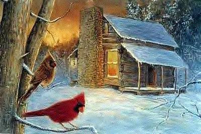 Snow covered forest cabin with cardinals