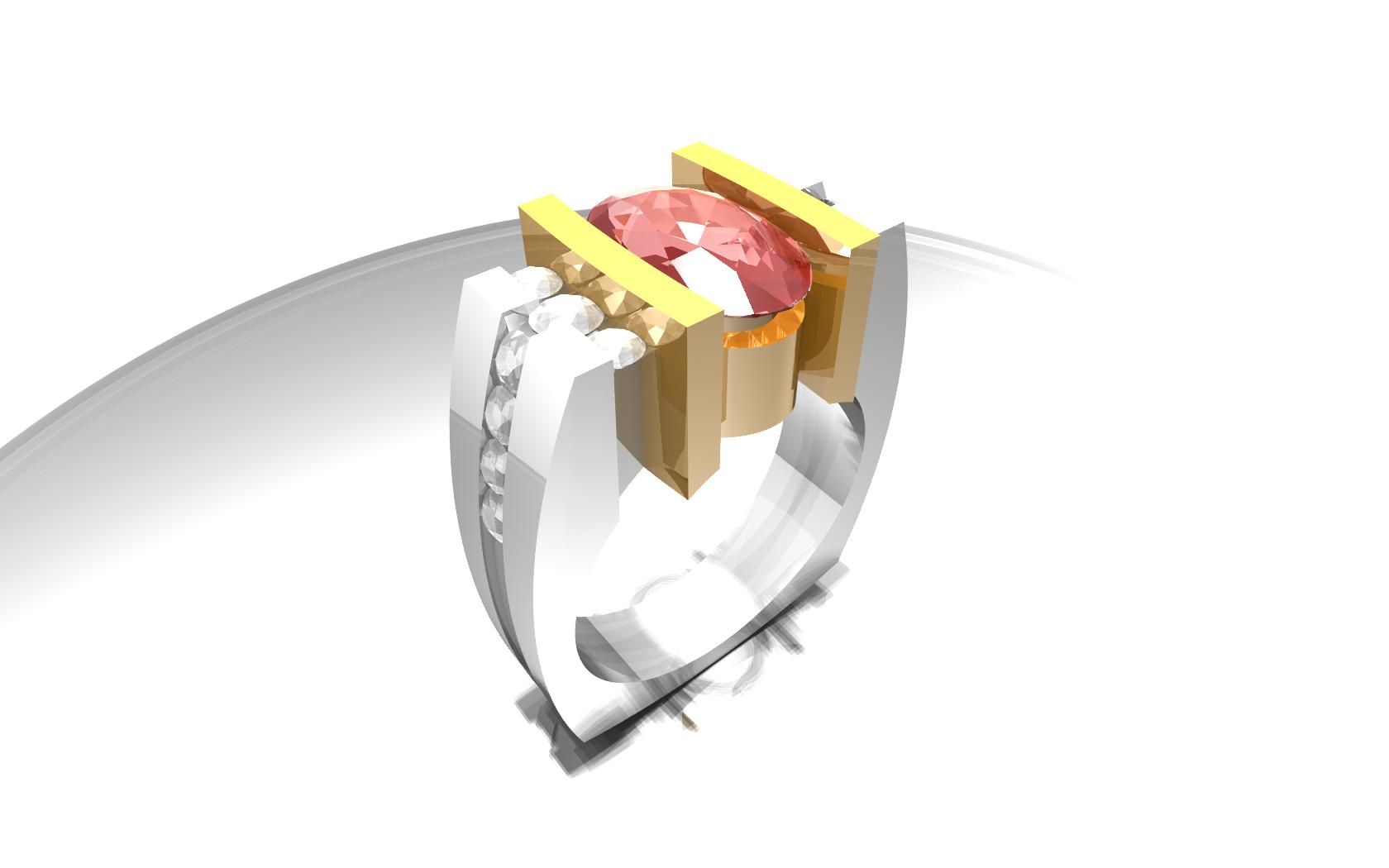 Oval cut pink Sapphire in rich yellow eighteen karat Platinum mounting set with Diamond accents