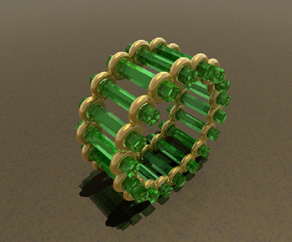 Pov-Ray created Hexagonal Emeralds set in 18kt yellow gold