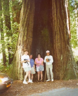 Vick,Rick,Kimberly,Gramps standing in a redwood at Big Basin:one of his favoite places to visit in Cali