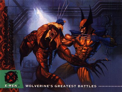 Wolverine VS Sabretooth - When they encountered each other in the Morlock tunnels, Wolverine and Sabretooth renewed their years-old enmity!  In the midst of their battle, Sabretooth revealed a startling secret:  he was Wolverine's father!  The conflict continued even as the tunnels began to flood.  Both combatants were swept into the East River, where Sabretooth vanished!  And although Logan later discovered that Sabretooth had lied, his hatred for his enemy has not diminished!