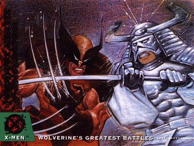 Wolverine VS Silver Samurai - There was only one way for the Silver Samurai to gain the leadership of Clan Yashida - through the death of his half-sister, Mariko Yashida!  Only hours before Wolverine and Mariko were to be wed, the Samurai poisoned the X-Men, leaving all but Wolverine, Rogue and Storm at death's door!  Matching his adamantium claws against the Samurai's energy blade, Wolverine defeated his enemy in combat and recovered the antidote to the deadly toxin!  But though he won the battle, he lost his heart as Mariko would later refuse his hand!