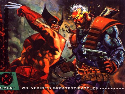 Wolverine VS Cable - Stalking the evil mutant Stryfe in the streets of Madripoor, Cable and the New Mutants ran afoul of the city's most lethal citizen, Wolverine!  To the New Mutants' dismay, instead of aiding them in their search, Wolverine battled their cyborg leader, both combatants making veiled references to some prior bad blood.  After an uneasy truce imposed by the younger heroes, Wolverine joined the New Mutants in defeating Stryfe and his Mutant Liberation Front.  But, though the situation made them allies, clearly Wolverine and Cable were eager for a rematch!