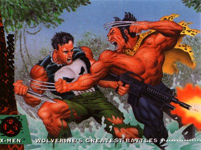 Wolverine VS Punisher - When the Punisher took a hunting vacation in Africa, he found the most dangerous game of all - Wolverine!  Mistaking each other for members of a gang of poachers, Wolverine and the Punisher engaged in an explosive battle!  During the titanic rumble, the heroes accidentally came upon the real poachers!  Realizing their error, the mutant and the vigilante turned the table on the criminals, leaving them to the tender mercies of the very animals they sought to kill!