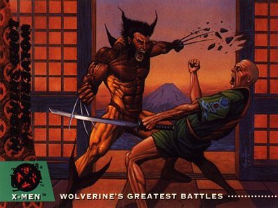 Wolverine VS Lord Shingen - Spurned by his lover Mariko Yashida, Wolverine traveled to Japan to confront her.  To his dismay, he discovered that Lord Shingen, Mariko's father and the head of Clan Yashida, had betrothed Mariko to another!  When he tried to intercede on Mariko's behalf, Wolverine was drugged and nearly beaten to death by the crime lord.  Undaunted, Logan decimated Yashida's criminal operations and defeated his assassins, the Hand!  Facing one another in a final duel, Logan defeated Shingen, regaining his honor and heralding Mariko's ascent to the head of Clan Yashida!