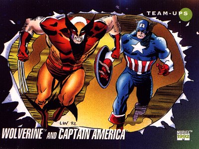 Wolverine and Captain America first teamed in battle against the mechanical menace known as Tess-One.  They have met under more peaceful circumstances before and since - but never very comfortably!  Wolverine's savagery and Cap's straight-arrow style have seldom mixed with much success.  Although these two heroes have often fought side-by-side, rarely have they been very happy about it!  First teamup: Captain America Annual #8, 1986