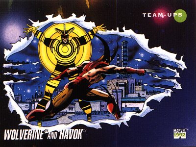There aren't many super heroes who can equal the torid temperament of the X-Man Wolverine - but his former teammate and longtime friend, Havok, is one of the few that come close.  Though they've traveled the world together in search of rest and relaxation, they've usually found trouble instead!  Their vacations always turn into major battles against one super-spowered baddie or another - but Wolverine and Havok are just as prepared for fun as they are for fighting!  First Team-up:  Meltdown limited series, 1989