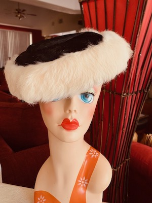 Vintage 1950s White Marten Fur and Black Velvet Saucer Hat