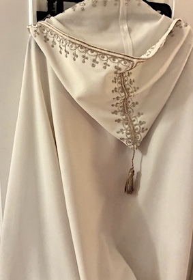 Elegant Moroccan Hooded Cape in off-white w Silver Trim