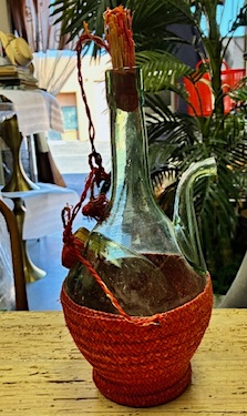 Vintage Red Rattan Wrapped Green Wine Italian Decante Ice Chamber