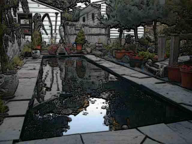 [texturized photo of garden pond]