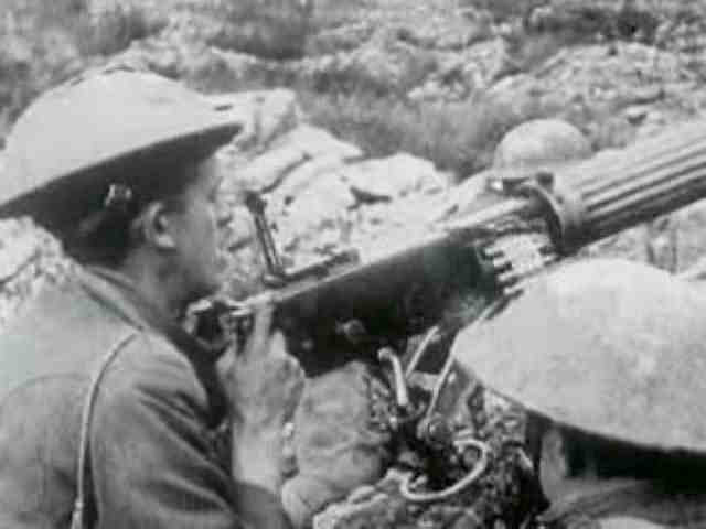 closeup of doughboys firing a Vickers