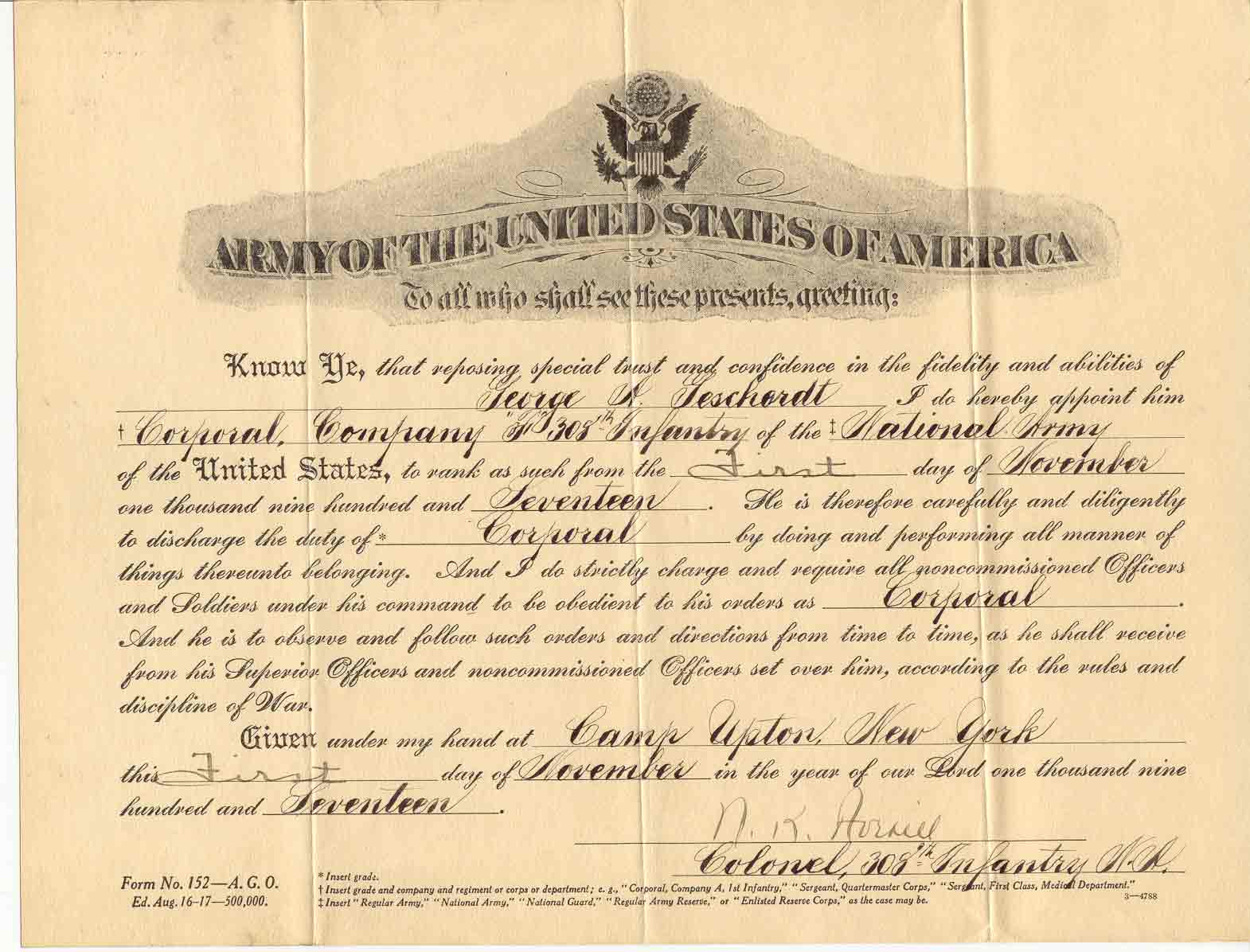 promotion certificate, 11/01/1917, Camp Upton